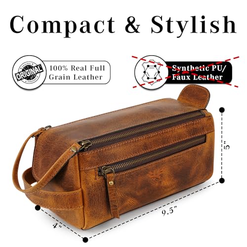 Premium Handmade Genuine Leather Toiletry Bag for Men & Women, Dopp Kit & Shaving Travel Organizer, Cosmetic Wash Bag with Zipper Pocket Travel Pouch, Gift for Him & Her - Tan Brown - color: Tan (Large)