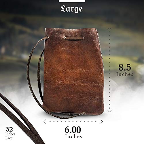 Leather Drawstring Pouch, Coin Bag, Medicine Tobacco Pouch Medieval Reenactment Made in U.S.A. by Nabob Leather Size 8.5" x 6" - color: Brown, style: Large