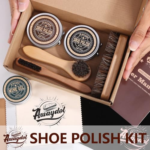 12 PCS Shoe Polish Kit - Horsehair Brushes, Black Brown Neutral Polish,Mink Oil Conditioner for Shoes,Polishing Cloth, Leather Boots Shine Care Kit ﻿Gift for Men Cowboy Husband Dad