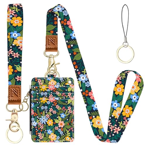 Green Flowers 2-in-1 ID Badge Holder & Lanyard Wallet for Teachers,Nurse,Professionals-Cute Zippered Coin Pouch,Removable Wristlet & Neck Lanyard,5 Card Slots Stylish Work Essential - color: Green Flowers