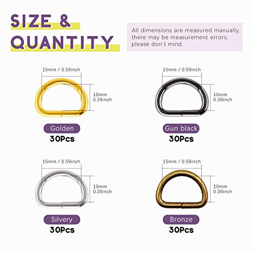 Swpeet 120Pcs 5/8 Inch - 15mm 4Colors Multi-Purpose Metal D Ring Semi-Circular D Ring for Hardware Bags Ring Hand DIY Accessories (Mixed Color, 5/8 inch) - color: Mixed Color, size: 5/8 inch