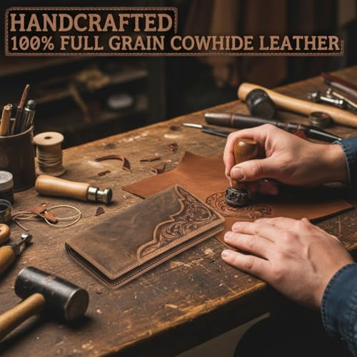 F&L CLASSIC Men's RFID Vintage Look Genuine Leather Long Bifold Wallet Checkbook Wallets,brown,240-83 - color: brown 83