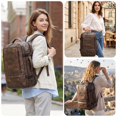 Travel Backpack for Men Women, Carry On Backpack Flight Approved, Coffee | PU Leather, 40L, Expandable, Laptop Compartment, Personal Item Travel Bag, for Traveling Weekender Business - color: Coffee