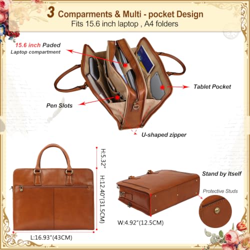 Banuce Italian Full Grain Leather Briefcase for Women Fits 15.6" Laptop | Eco-friendly Leather,Paded Laptop Compartment,Travel-friendly Luggage Strap,Detachable Strap,Office Work,Business Travel - color: Yellow Brown
