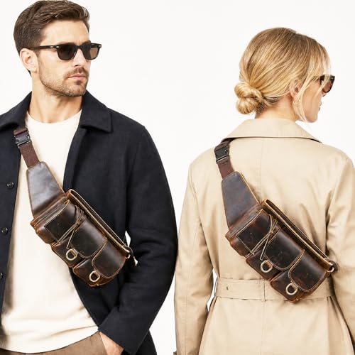 Water Resistant Canvas + Leather Hiking Riding Travel Fanny Waist Pack Small Phone Pouch For Men Women FB811-29 (100% Leather-The 341 Coffee) - color: 100% Leather-The 341 Coffee