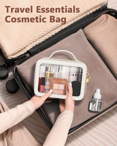 Soimeat Clear Makeup Bag, Portable Travel Cosmetic Bags, Multipurpose Leather Toiletry Bag with Zipper, Waterproof Transparent Cosmetic Organizer for Women, Medium, Beige - color: Beige, size: Medium