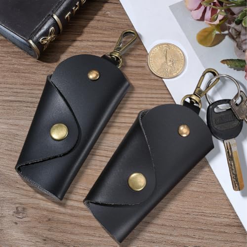 2PCS PU Leather Key Wrap Cover for Motorcycle Portable Protective Keyring Pouch - color: Black
