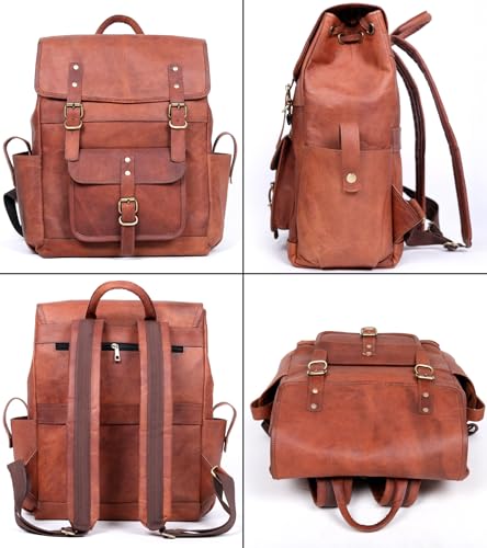 17-inch Brown Mens Leather Backpack Large Vintage Laptop Backpack Leather Bookbag Travel Rucksack For Work, Hiking, Business, & Daily Use Shoulder Bag
