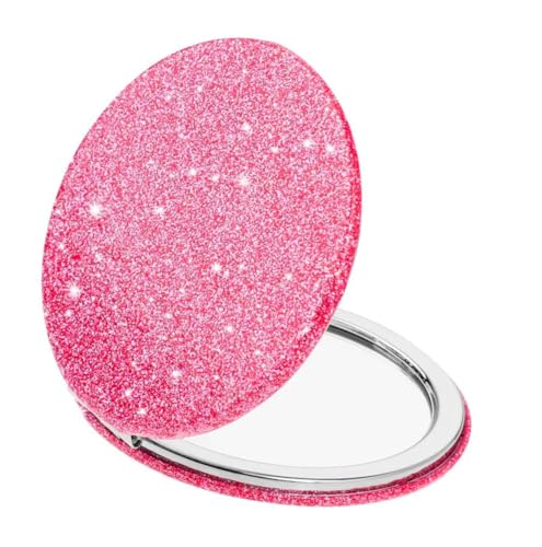Cute Pink Compact Mirror for Women,Small Magnifying Travel Mirror with Glitter,Portable 2 x 1x Magnification Folding Pocket Makeup Mirror Cosmetic Mirror for Gift Travel Essentials - color: Pink-round