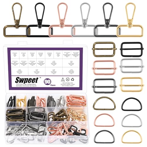 Swpeet 90Pcs 6 Colors 32MM Metal D Ring & Rectangle Adjuster Triglides Slides Buckle & D Ring Swivel Lobster Clasp Kit, Semi-Circular D Rings Roller Pin Buckles Swivel Snap Hook for Belt DIY Crafts - style: 3.2CM