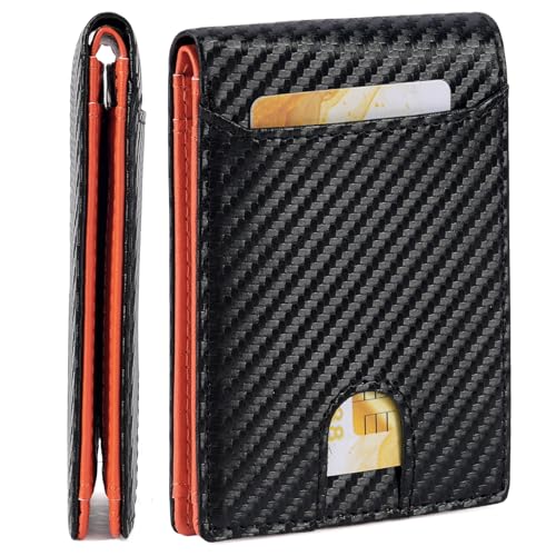 FALAN MULE Slim Wallet for Men Rfid Blocking Leather Minimalist Front Pocket Mens Wallet - color: Ma-Black with orange