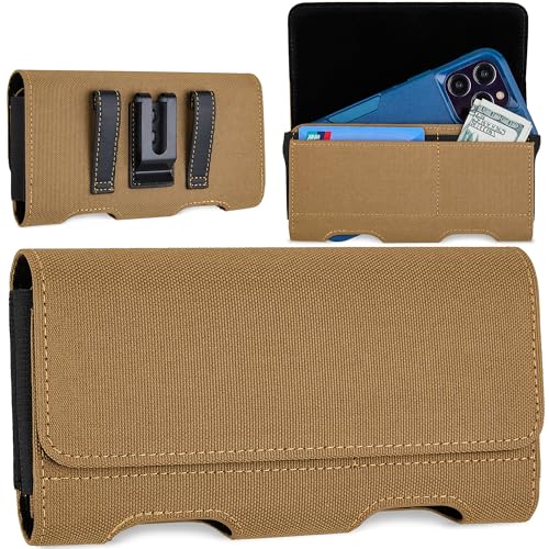 Mopaclle Nylon Phone Holster with Heavy Duty Metal Belt Clip and Card Holder, Compatible with iPhone 17/16/15/14/13/12 Pro and Samsung Galaxy S26/S25/S24/S23/S22/S21/S20 - Khaki - color: Nylon-khaki, size: M(6.0x3.2x0.6)