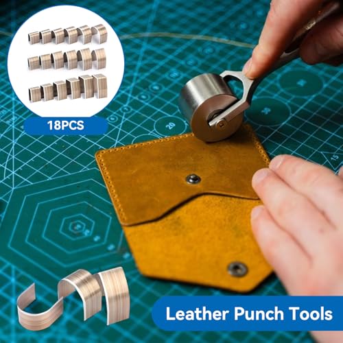 18Pcs Steel Leather Punch Set, Leather Craft Embossing Punch Set Kit, 15mm, 20mm, 25mm, 30mm, 35mm, 38m, 3 Shapes Leather Cutting Die for DIY Crafting & Leatherworking