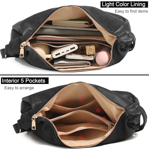 Hobo Bags for Women Foldable Shoulder Handbag CrossBody Purse | Adjustable Strap, 6 organized pockets, Crescent Tote Bag, Cute Slouchy Underarm Bag, Fits 12.9" iPad Pro - color: Black