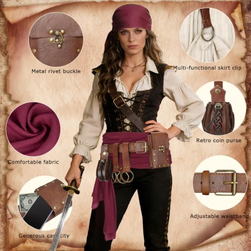 Renaissance Belt Pouch Medieval Pirate Costume Accessories Set for Cosplay | Viking Faux Leather Waist Bag, Skirt Hike Clips, Perfect for Women and Men Ren Faire, LARP, Fantasy, Halloween - color: Brown-o