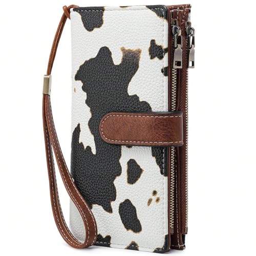 Women Leather Wallet Crossbody Shoulder Bag with Double Zipper and Mobile Phone Purse with Shoulder Strap - color: 355-cow Pattern