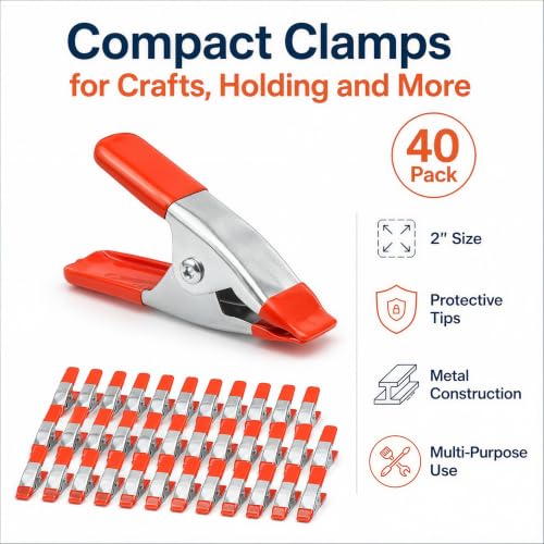 40 Pcs Small Spring Clamps, 2 Inch Orange Metal Clip for Crafts, Heavy Duty Woodworking Fastener, Photography Muslin Backdrop Holder, 0.78 Inch Maximum Opening - color: Orange