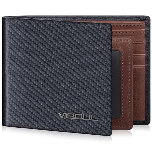 VISOUL Leather Mens Bifold RFID Blocking Wallet with 2 ID Windows, Leather Wallet for Men (Carbon Fiber, Black+Brown) - color: Black+Brown