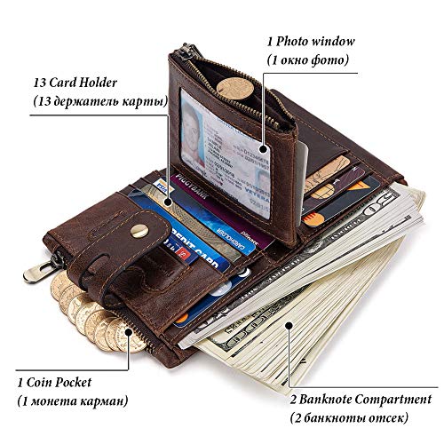 boshiho Genuine Leather Bifold Chain Wallet for Men RFID Blocking - color: Brown
