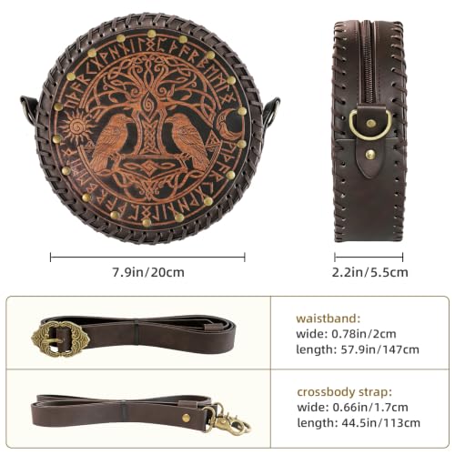 Medieval Viking Round Faux Leather Shoulder Bag, Tree of Life Raven Rune Crossbody Purse, Renaissance Bag for Women, LARP Cosplay Accessories, Norse Fantasy Belt Pouch & Leather Belt Bag - color: Brown Black