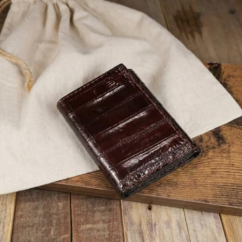 Genuine Pacific Eel Skin Trifold Brown Leather Wallet for Men, Nine Card Slots, Black Leather Interior