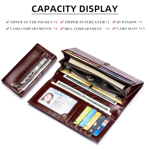 RFID Blocking Wallets for Women Leather Long Ladies Wallet Bifold Womens Wallet with Coin Pocket ID Window,Coffee - color: Coffee