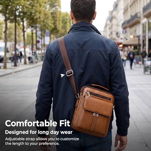 Crossbody Bag for Men, PU Leather Shoulder Messenger Bag with Handle - color: Deep Khaki
