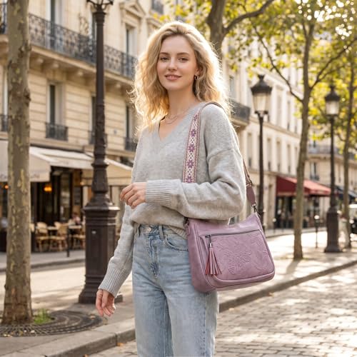 Crossbody Bags for Women, Medium Vegan Leather Purses | Large Capacity Multi-Pocket Embossed Shoulder Bag with Boho Strap for Daily Travel - color: Purple