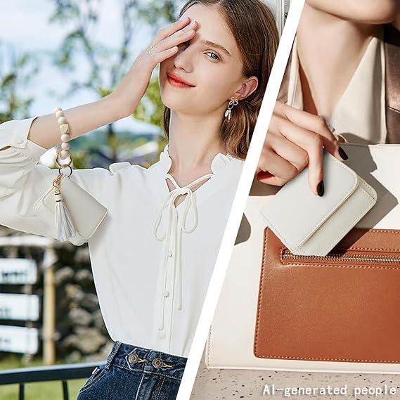 Keychain Wallet for Women,RFID Wristlet Wallet with Beaded Strap | Tri-Fold Design,6 Card Slots,ID Window,Zipper Coin Pocket,Lightweight Carry - color: Beige