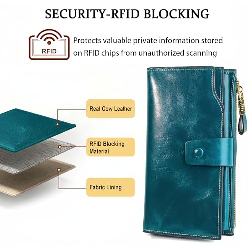 YALUXE Women's RFID Real Leather Wallet with 21 Card Slots Phone Pocket - color: 4- Waxed Greenish Blue, size: Genuine Leather