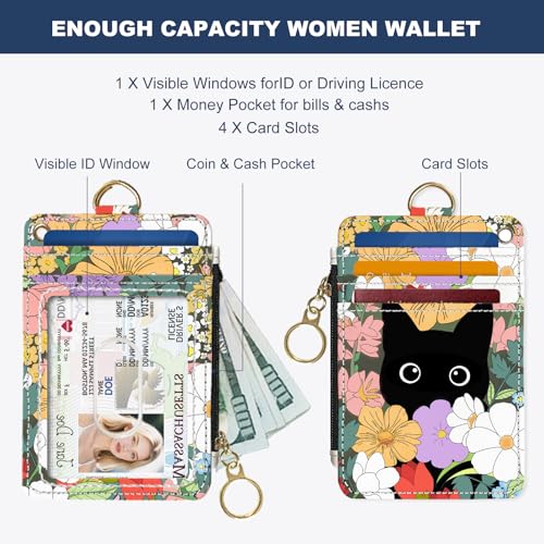 Slim Wallet Credit Card Holder, Flower Bushes And Cats, RFID Wallet Women Cute Small Front Pocket Wallet With Zipper, PU Leather Thin travel RFID Blocking Card Case ID Window ,Ladies Gifts - color: Flower Bushes And Cats