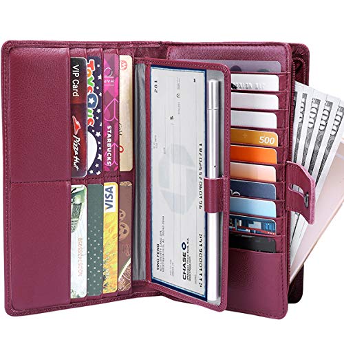 Itslife Womens Wallet,Large Capacity RFID Blocking Leather Wallets Credit Cards Organizer Ladies Wallet with Checkbook Holder - color: 1-Wine Red