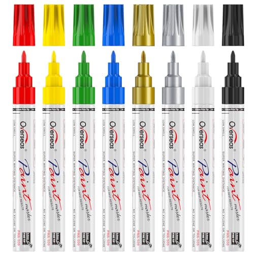 Overseas 8 Colors Oil Based Paint Markers, Fine Tip Permanent Paint Pens | 0.9mm Fine Nib, Waterproof, Quick Dry, Fade Resistant, Assorted Colors Markers for Metal, Rubber, Glass, Wood, Leather, Rock