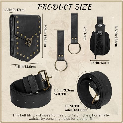 Renaissance Belt Pouch Medieval Pirate Costume Accessories Set for Cosplay | Viking Faux Leather Waist Bag, Skirt Hike Clips, Perfect for Women and Men Ren Faire, LARP, Fantasy, Halloween - color: Black-B