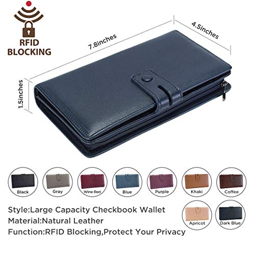 Itslife Womens Wallet,Large Capacity RFID Blocking Leather Wallets Credit Cards Organizer Ladies Wallet with Checkbook Holder - color: Deep Blue