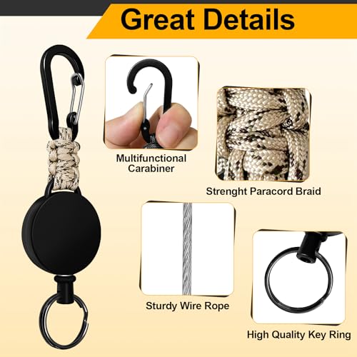 Retractable Keychain 4 Pieces Heavy Duty Carabiner Badge Holder Retractable Badge Reel ID Holder Extendable Key Ring Key Holder with 23.6” Steel Cord and Paracord(Black + Beige + Blue + Orange) - color: Black + Beige + Blue + Orange