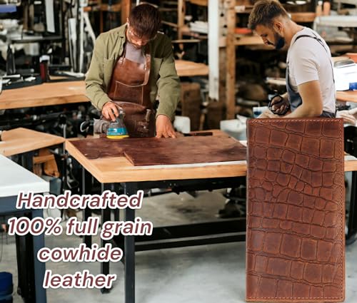 F&L CLASSIC Men's RFID Vintage Look Genuine Leather Long Bifold Wallet Checkbook Wallets,Crocodile style brown,240-70 - color: Crocodile style brown