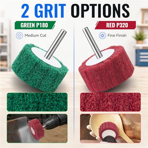 10 PCS Scouring Pads Abrasive Buffing Polishing Wheel Drill Polishing kit | 5 sizes of flap wheel: 1" 1-3/16" 1-1/2" 2" 2-3/8" 1/4” Shank Non Woven Wheel Polishing Kit for rotary tool accessories
