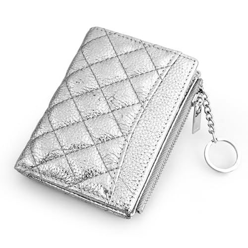 befen Genuine Leather Slim RFID Bifold Wallet Women with Zipper Pocket Keychain - Metallic Silver Purse - color: Silver