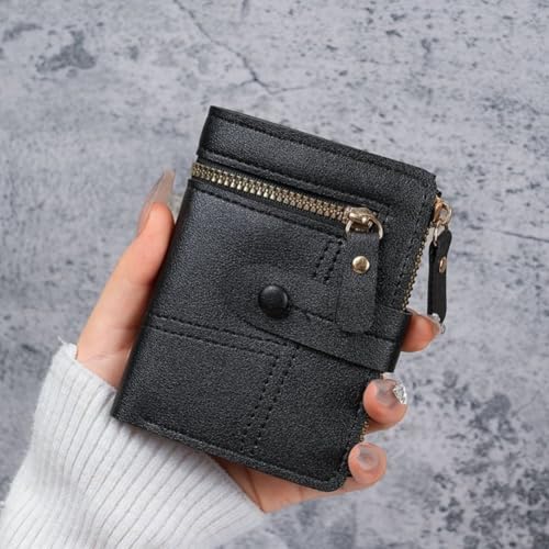 Women's Multi-Card Slot Wallet - Small Zipper Coin Purse with Snap Button Closure & ID Window - color: Black