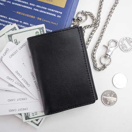 boshiho Genuine Leather Bifold Chain Wallet for Men RFID Blocking - color: Plain Leather Black
