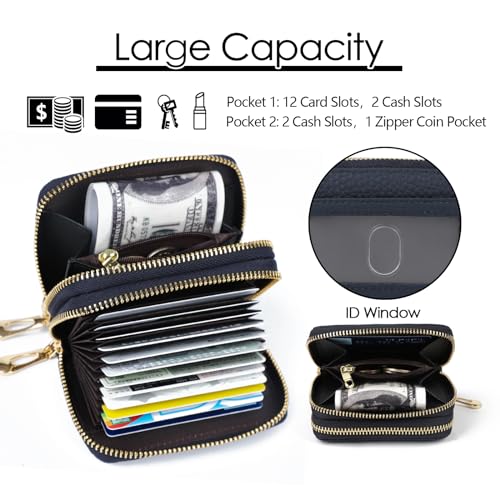 imeetu Rfid Credit Card Holder, Businese Card Case, Wallet for Women Men | Genuine Leather Card Wallet with id Window, Keychain & Double Zipper, Water-resistan Small Wallet with Gift Box, Daily Travel - color: Max - Dark Blue