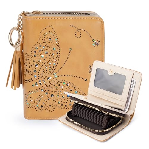 KITEVIUN Women RFID Blocking Small Bifold Wallet, Compact Cash Clutch with Zipper Coin Pocket, Glittery Butterfly Design, Credit Card Holder, Travel Purse with Tassel YELLOW - color: 04-YELLOW