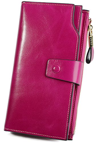YALUXE Women's RFID Real Leather Wallet with 21 Card Slots Phone Pocket - color: 7- Waxed Pink, size: Genuine Leather