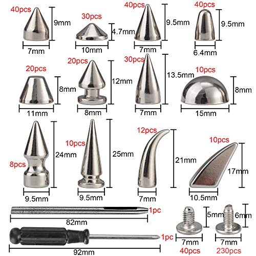 YORANYO 270 Sets Mixed Shape Spikes and Studs Silver Color Screw Back Bullet Cone Studs and Spikes Rivet Kit with Install Tools for Leather Craft Clothing Shoes Belts Bags Dog Collars DIY Rivets - color: Silver