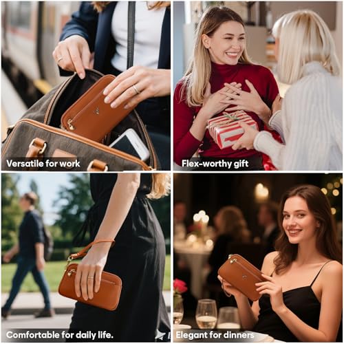Genuine Leather Wristlet Wallets for Women Clutch Purse with Detachable Strap Slim Phone Wallet for Travel Wedding - color: Brown