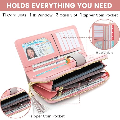 Pomelo Best Womens Wallet Bifold Rfid Blocking Multi Card Holder | Large Capacity, 11 Card Slots, 3 Receipt Pockets, 2 Cash Compartments, Zipper Coin Pocket, Id Window, Soft Leather - color: Pink/White/Grey