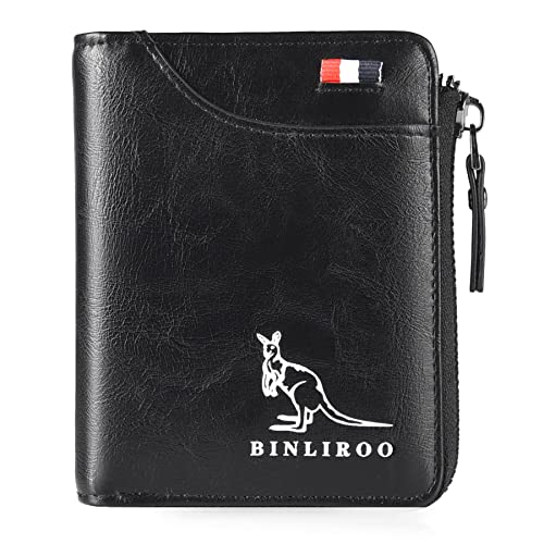 Leather Wallet for Men with zipper, RFID blocking bifold wallets with Separate ID Card window Cartera Para Hombre(black) - color: black