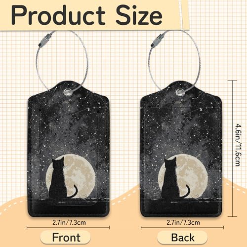 3 Pack Black Cat Luggage Tags for Suitcases, Moon Night Cute Leather Name Tag with Privacy Cover with Stainless Steel Loops, Travel ID Bag Tags for Women Men - color: Black Cat Moon Night