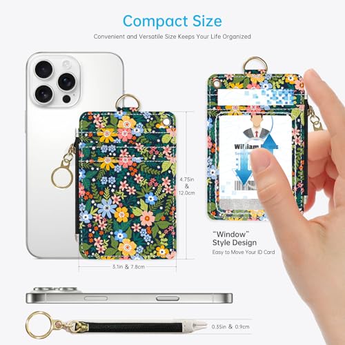 Green Flowers 2-in-1 ID Badge Holder & Lanyard Wallet for Teachers,Nurse,Professionals-Cute Zippered Coin Pouch,Removable Wristlet & Neck Lanyard,5 Card Slots Stylish Work Essential - color: Green Flowers